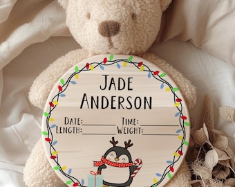 Personalized Penguin Birth Stat Sign, Custom Wooden Christmas Baby Name Announcement Sign, Winter Nursery Keepsake Gift