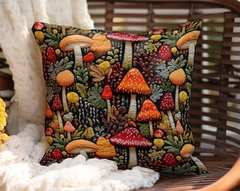 Faux Embroidered Magic Mushroom Throw Pillow Cover, Dark Cottagecore Mushroom Decor, Boho Pillow Cover