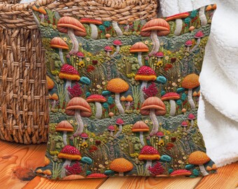 Groovy Faux Embroidered Couch Pillows, Goblincore Magic Mushroom Bed Throw Pillow With Inserts, 20x20 Dark Cottagecore Cat Bed Floor Cushion