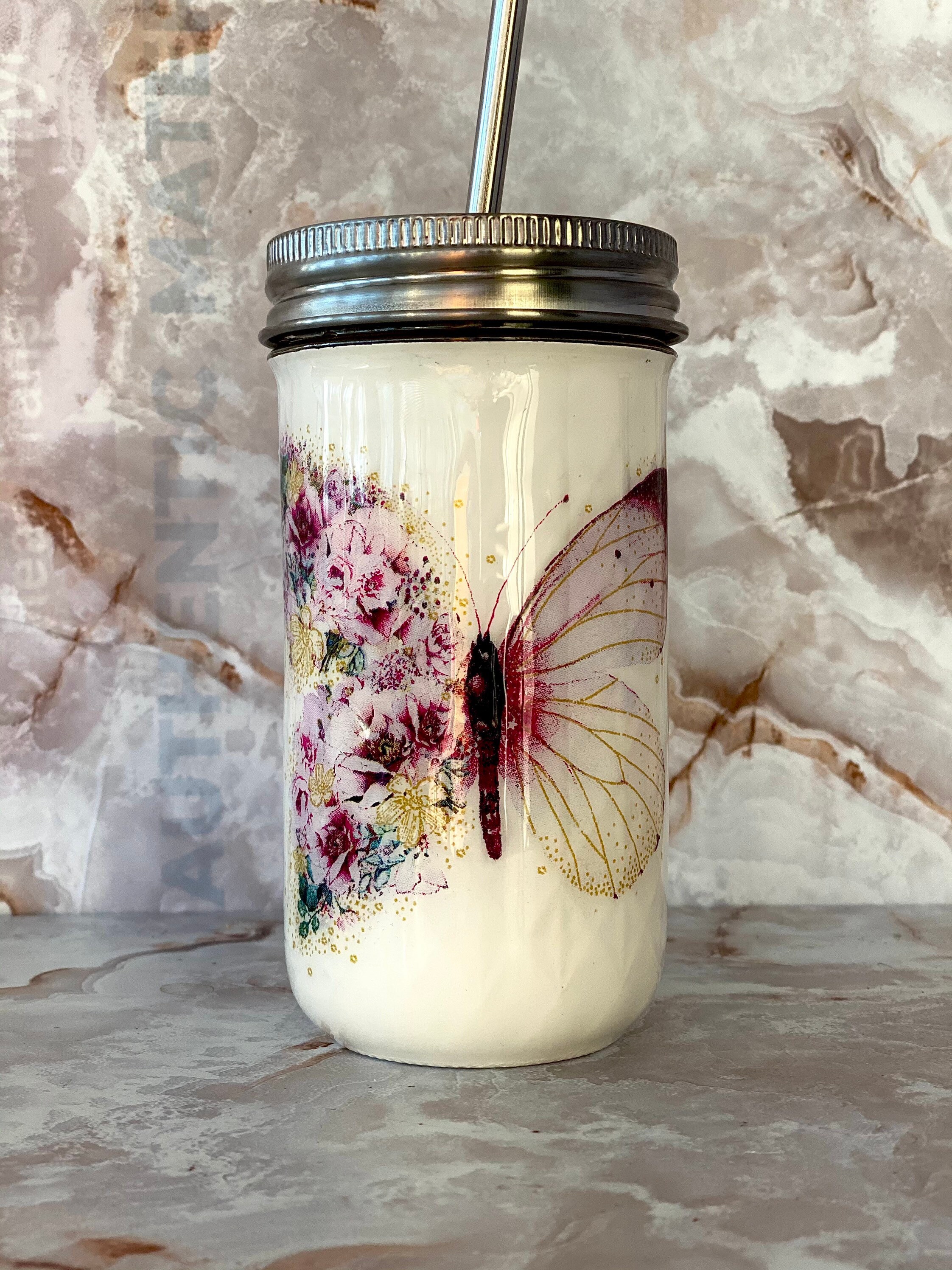 12 oz Pink Floral Butterfly Mason Jar Cup Dry Storage Jar Etsy