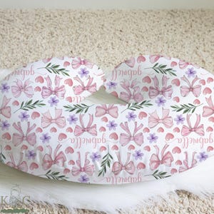 Personalized Pink Bow Nursing Pillow Cover, Regency Baby Shower Gift Ribbon Pillowcase, Coquette Newborn Feeding Cushion Slip