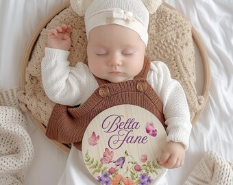 Personalized Wildflower Butterfly Baby Name Sign - Baby Girl Gift Basket Birth Announcement Hospital Sign, First Time Mom Baby Shower Gift
