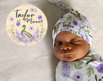 Mallard Duck Girl Swaddle Set, Floral Cottagecore Baby Blanket, Hunting Baby Shower Gift For First Time Dad, Mommy Labor and Delivery Gift