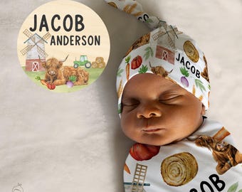 Highland Cow Swaddle Set, Farm Animal Crib Blanket, Green Tractor First Time Dad Baby Shower Gift, Newborn Birth Announcement Photo Prop