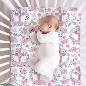 Personalized Christening Crib Sheet, Floral Cross Baby Bedding, Mini Blessing Bedside Bassinet Crib Sheet, Pink Roses Godchild Baptism Gift