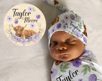 Highland Cow Swaddle Set, Floral Cow Personalized Newborn Blanket, Girl Highland Cow Nursery Baby Shower Gift, Scottish First Year Mom Gift