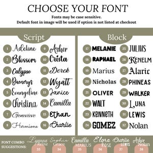 May include: A font selection chart featuring two main categories, Script and Block, with numbered options from 1 to 32. The text includes CHOOSE YOUR FONT, Fonts may be case sensitive, and FONT COMBO SUGGESTIONS with examples numbered 33 to 38.
