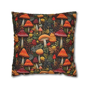 Faux Embroidered Magic Mushroom Throw Pillow Cover, Dark Cottagecore Mushroom Decor, Boho Pillow Cover image 4