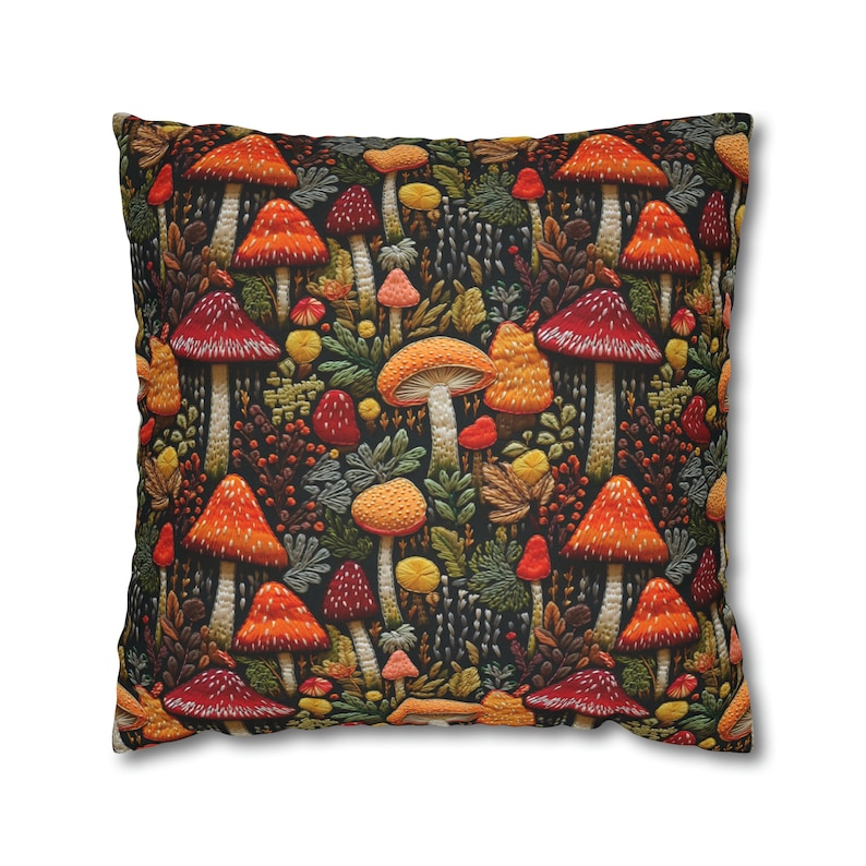 Faux Embroidered Magic Mushroom Throw Pillow Cover, Dark Cottagecore Mushroom Decor, Boho Pillow Cover image 4