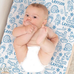 Custom Penguin Doodle Changing Pad Cover, Personalized Winter Baby Shower Present, Arctic Nursery Fitted Crib Sheet New Mom Gift