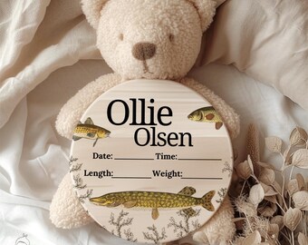 Vintage Fisch Geburt Stat Sign Nursery Bundle, Angeln Baby Ankündigung, Jagd Vater Neugeborenen Foto Prop, Wald Baby Boy Krankenhaus Zeichen