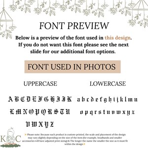 May include: A font preview chart displaying the black letter typeface used in a design. The text includes FONT PREVIEW, FONT USED IN PHOTOS, UPPERCASE, and LOWERCASE labels, followed by the full alphabet in both cases and a disclaimer note.