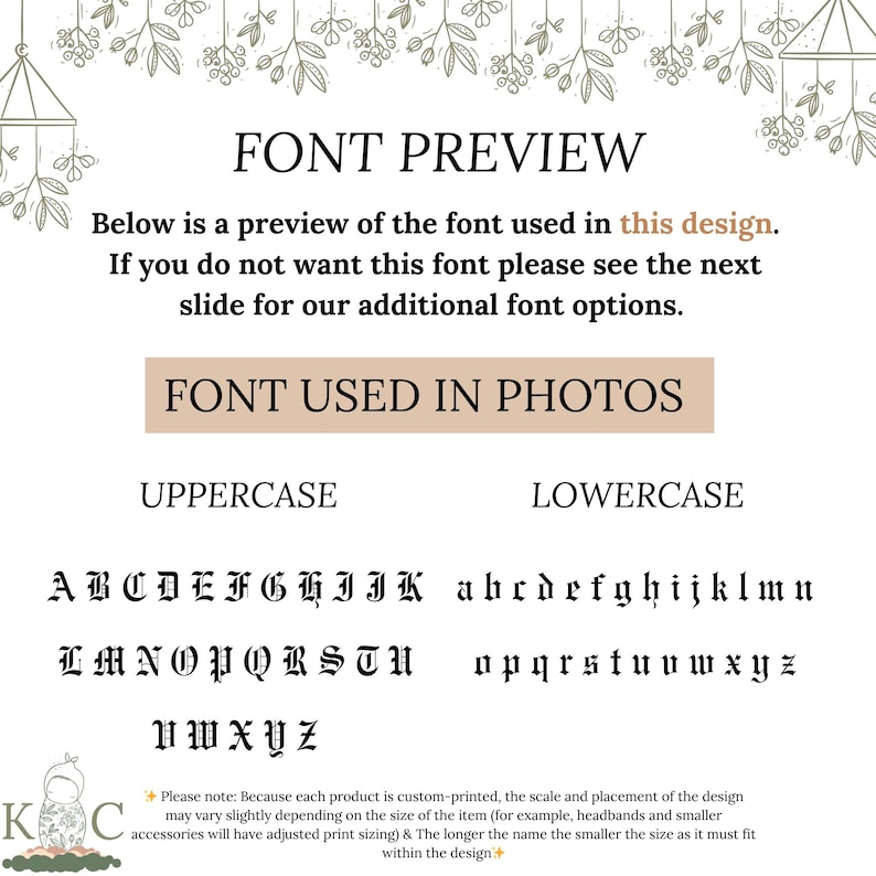 May include: A font preview chart displaying the black letter typeface used in a design. The text includes FONT PREVIEW, FONT USED IN PHOTOS, UPPERCASE, and LOWERCASE labels, followed by the full alphabet in both cases and a disclaimer note.
