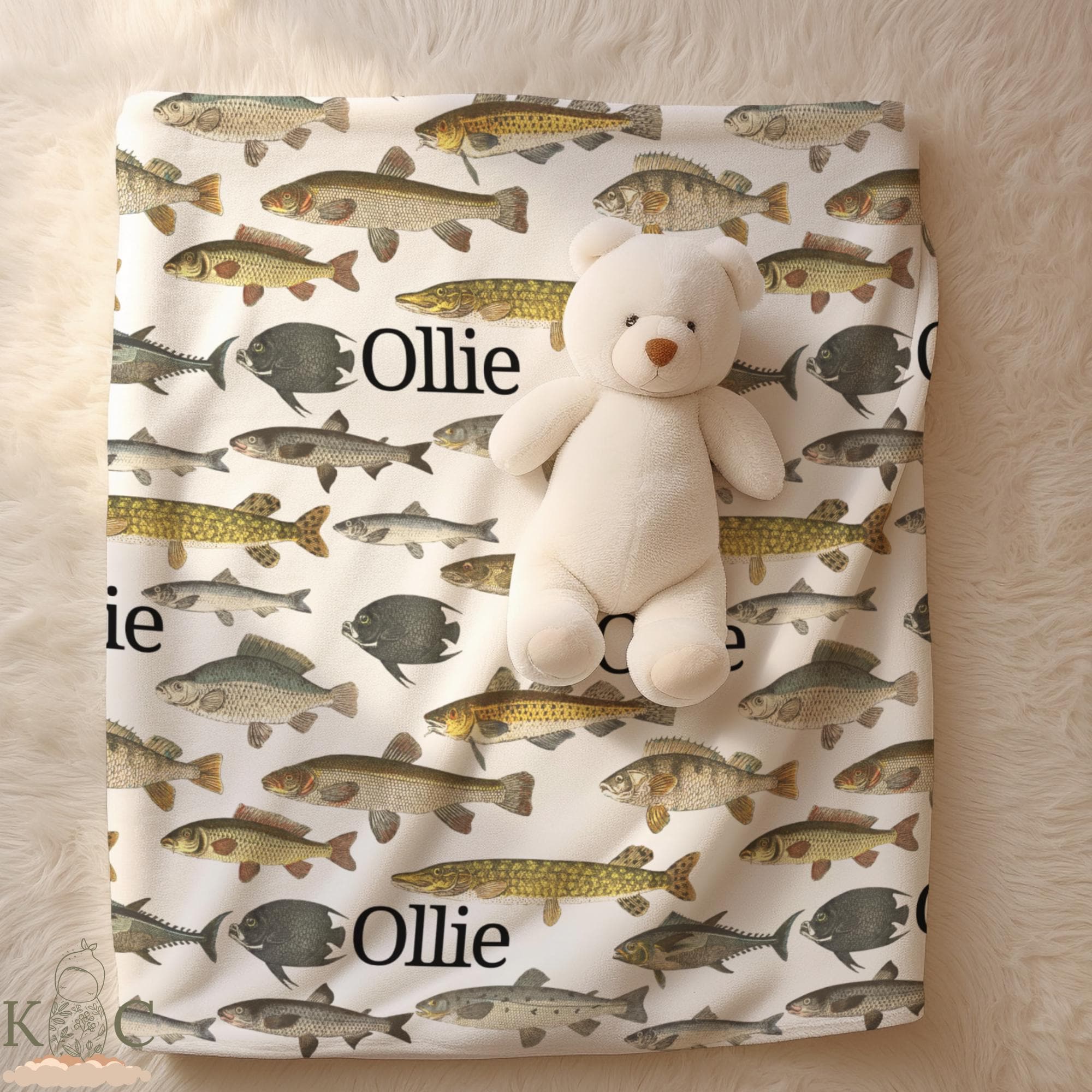 Vintage Fish Swaddle Nursery Bundle – Personalized Baby Boy Blanket, Newborn Fishing Gift, Custom Trout Minky Crib Blanket, Baby Shower Gift