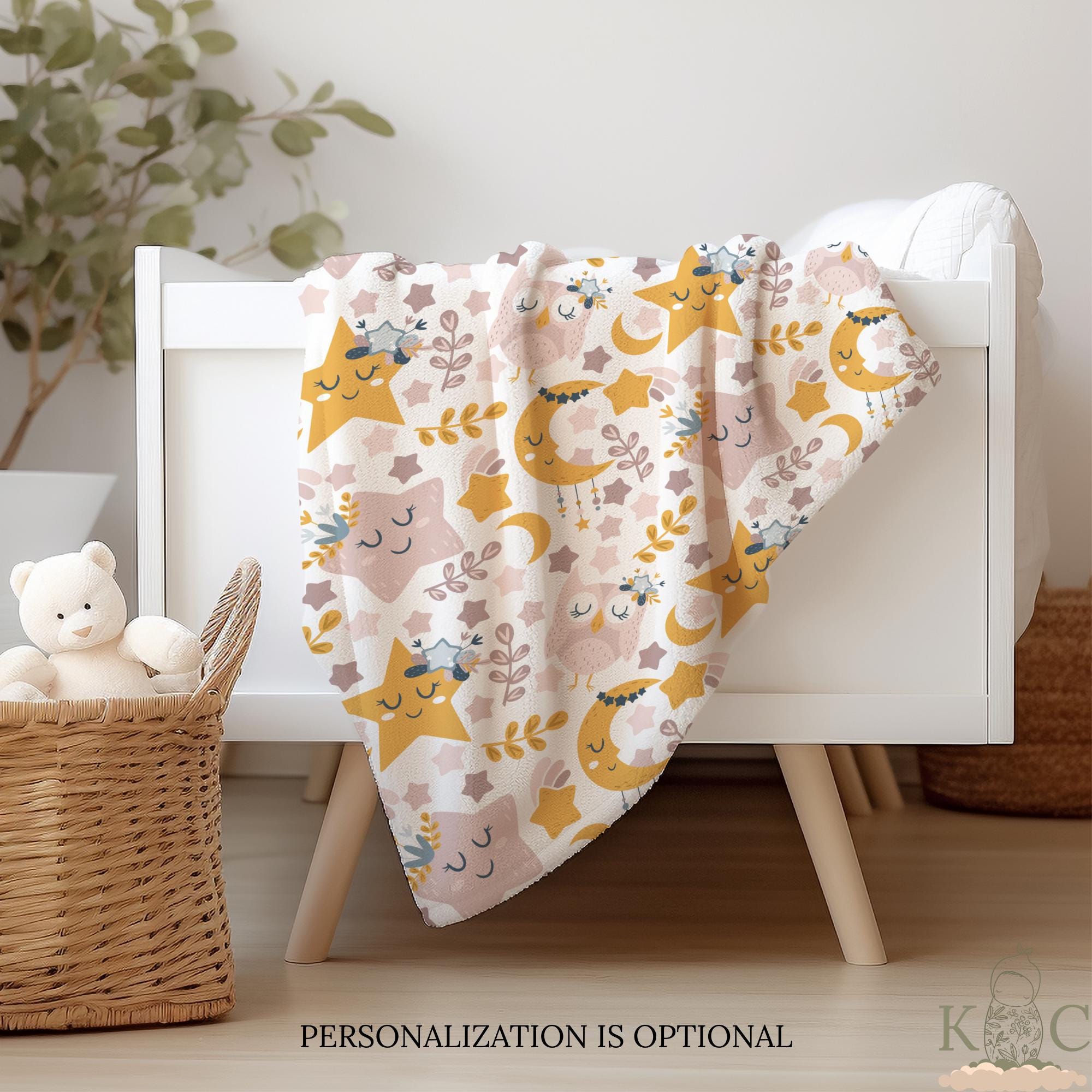 Personalized Boho Celestial Owl Swaddle Set &ndash; Moon & Star Baby Blanket, Custom Name Coming