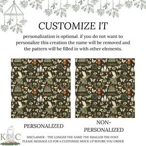 May include: A digital graphic showing two square patterns with a dark green background featuring illustrations of fairies, deer, mushrooms, books, and butterflies. The left pattern includes the name Arwen, while the right pattern does not.