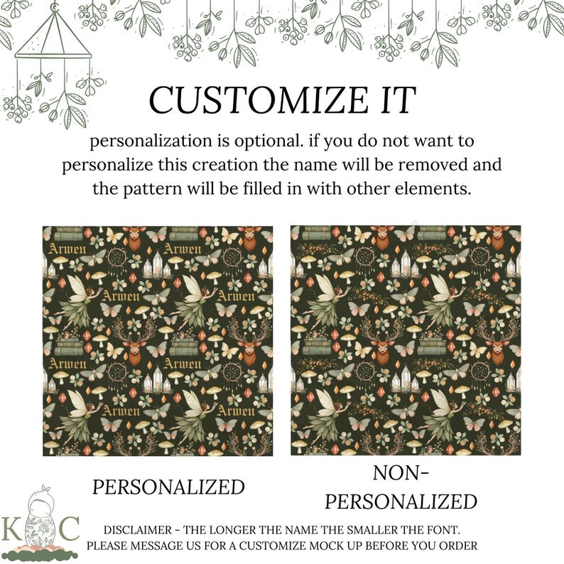 May include: A digital graphic showing two square patterns with a dark green background featuring illustrations of fairies, deer, mushrooms, books, and butterflies. The left pattern includes the name Arwen, while the right pattern does not.