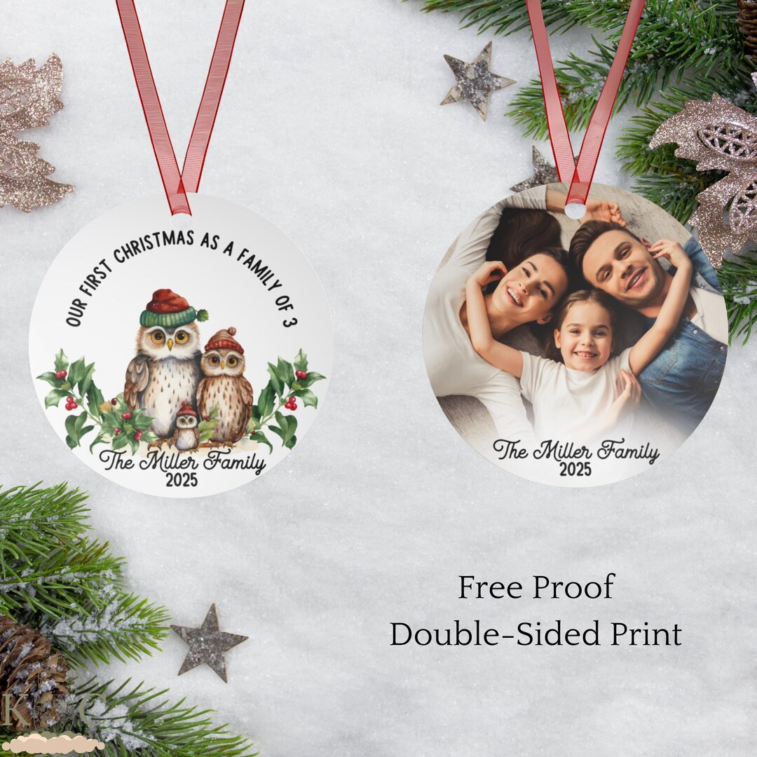Personalized Family of 3 Owl Ornament - Woodland Baby’s First Christmas ...