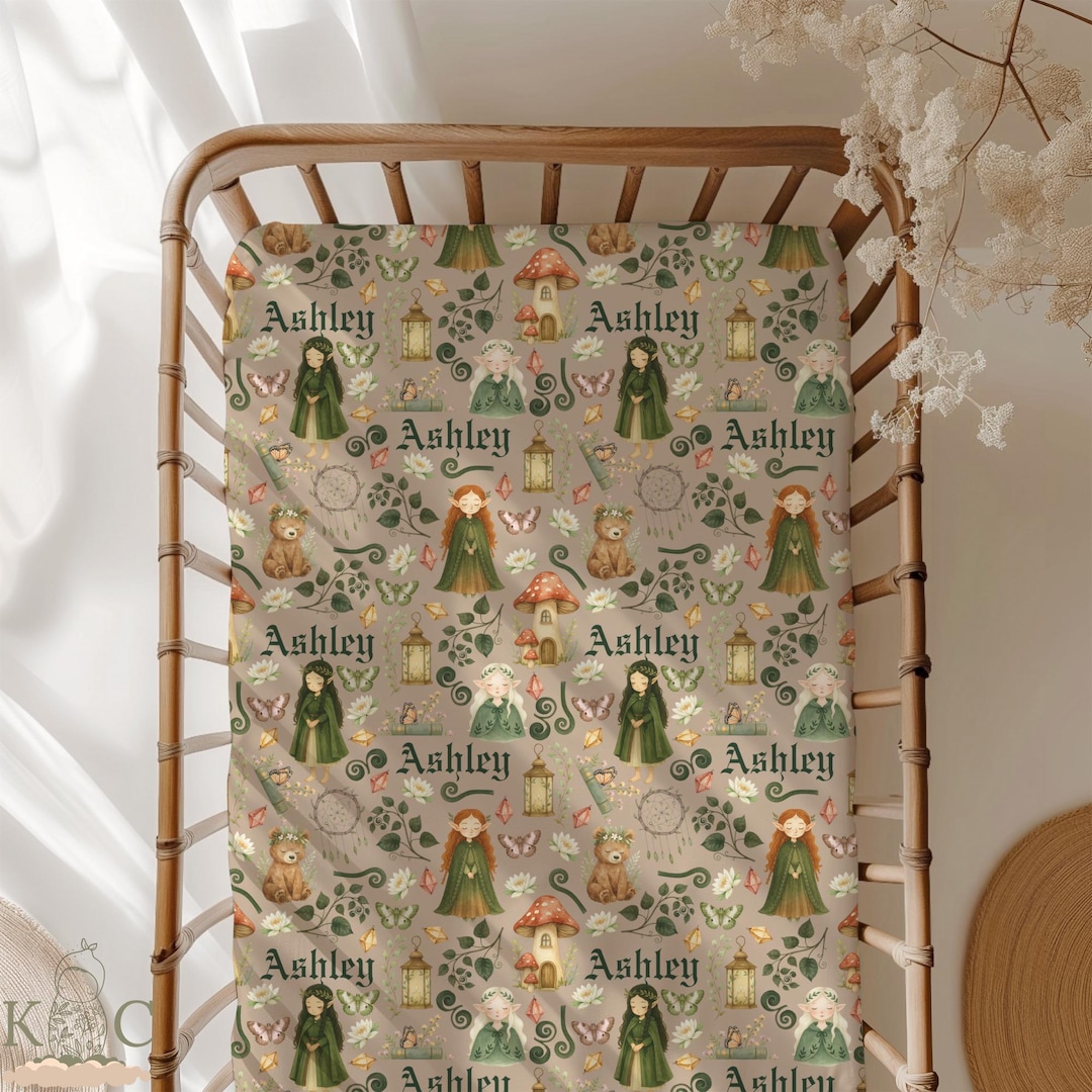 Forestcore Names Elven Crib Sheet Nursery Set, Custom Name Fantasy Forestcore Newborn ...