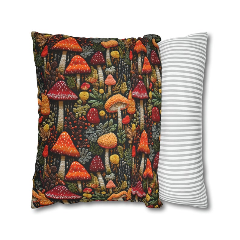 Faux Embroidered Magic Mushroom Throw Pillow Cover, Dark Cottagecore Mushroom Decor, Boho Pillow Cover image 5