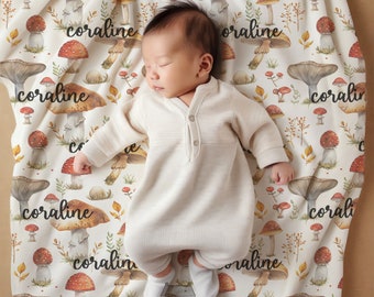 Custom Mushroom Minky Baby Blanket Newborn Boy Coming Home Outfit, Personalized Forestcore Swaddle Blanket Gift for First Time Mom