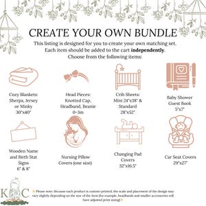 May include: A beige infographic titled CREATE YOUR OWN BUNDLE listing baby items including blankets 30x40 inches, head pieces 0-3m, crib sheets 24x38 and 28x52 inches, a 5x7 inch guest book, wooden signs 6 and 8 inches, nursing pillow covers, and car seat covers.
