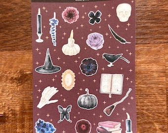 Witching Hour Mini Halloween Sticker Sheet | witch hat, skull, florals, spooky aesthetic, small sticker sheet, dark academia, halloween