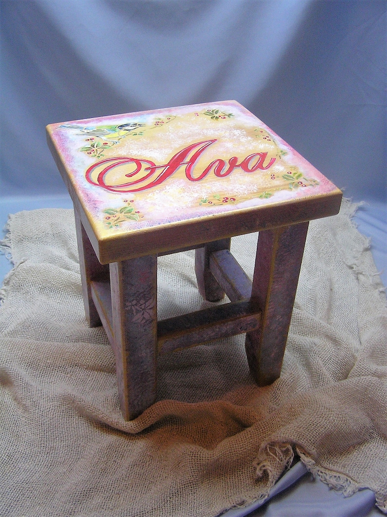 Lovely Bird Personalized Wooden Step Stool For Kids In Custom Colors Handpainted Childrens Foot Stool First Birthday Gift For Playroom