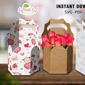Plantilla de caja de flores con asa, paquete de caja de flores, caja con asa de regalo, SVG DXF PDF, Cricut, carta-A4-A3, descarga instantánea