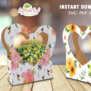 Plantilla Vol2 de bolsa de corazón de paquete de mango, bolsa de paquete de flores, regalo de paquete de San Valentín, SVG DXF PDF, Cricut, Carta-A4-A3, Descarga instantánea