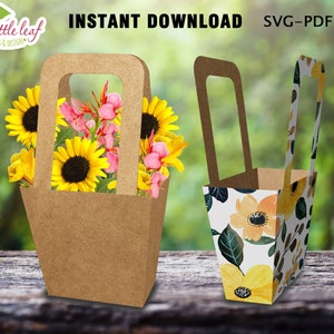 Pacchetto scatola con modello di maniglia, borsa pacchetto di fiori, pacchetto regalo di San Valentino, SVG DXF PDF, Cricut, A4-A3, Download istantaneo