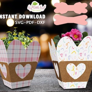 Plantilla de corazón de embalaje de maceta, paquete de maceta, regalo de paquete de San Valentín, SVG DXF PDF, Cricut, hojas Carta-A4-A3, Descarga instantánea