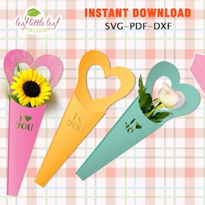 Modelo de pacote de flores Coração Eu te amo, Pacote de flores para presente, Pacote de dia dos namorados para presente, SVG DXF PDF, Cricut, folhas A4-A3, Download instantâneo