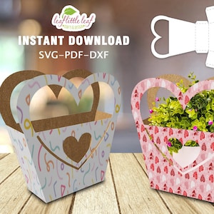 Plantilla de bolsa de corazón de paquete de manija, bolsa de paquete de flores, regalo de paquete de San Valentín, SVG DXF PDF, Cricut, hojas Carta-A4-A3, Descarga instantánea
