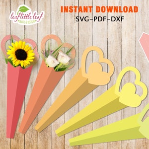 Pacote de flores com dois modelos de corações, pacote de flores para presente, pacote de presente de dia dos namorados, SVG DXF PDF, Cricut, folhas A4-A3, download instantâneo