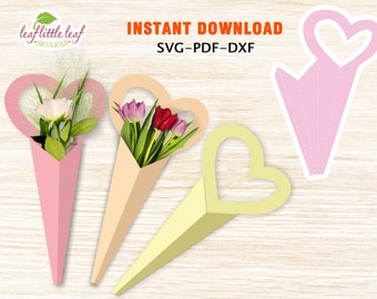 Plantilla de corazón de paquete de flores, regalo de paquete de flores, regalo de paquete de San Valentín, SVG DXF PDF, Cricut, hojas A4-A3, descarga instantánea
