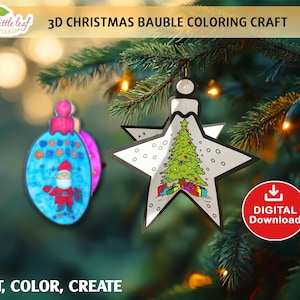 3D Paper Christmas Ornaments Coloring Craft for Children, Paper Craft, Coloring for Kids, Christmas Activity for Kid