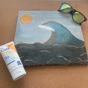 Ozean Welle Motiv Holz gebrannt auf Live Rand Basswood Platte | maritime | Ozean | Strandhaus Deko | Holz brennende Kunst