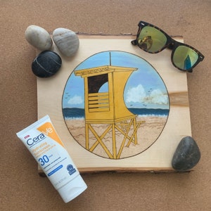 Beach scene with lifeguard stand wood burned on live edge basswood | nautical | ocean | beach house decor | wood burning art