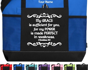 Scripture Tote, My Grace Is Sufficient, 2 Corinthians 12:9, Bible Verse Tote, Christian Woman Tote, Tote for Bible Study, Church Bag