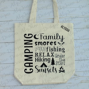 Canvas Camping Tote, Camping Words Tote, Fun Camper Bag, Camper Tote, Vacation Tote, Travel Bag, Camp Enthusiast, Natural Canvas Tote