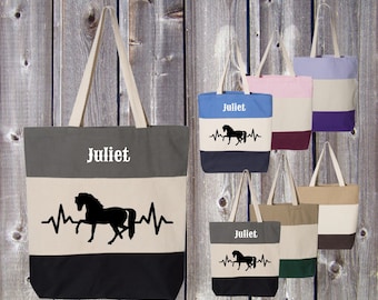 Tri-Color Cotton Horse Tote, Horse Heartbeat Design, Gift for Horse Lover, Horse Girl Tote, Western Tote, Horse Crazy Girl Tote