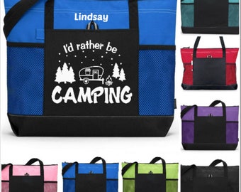 Camping Tote, I'd Rather Be Camping Design, Camping Lover Tote, Personalized Camper Tote Bag, Zippered Tote Bag, Happy Camper Tote