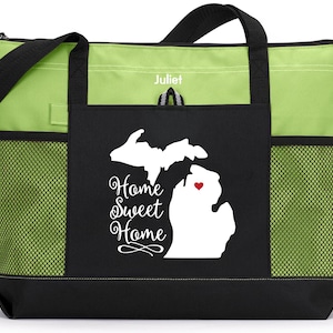 Custom Michigan Heart Home Sweet Home Tote, Love Michigan Tote, Michigan Gift, Tote for Michigander, MI Location Tote, Zippered Tote Bag