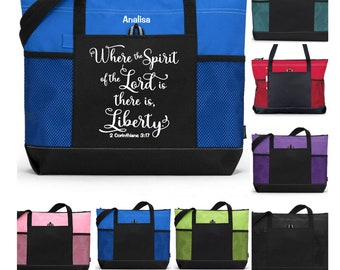 Scripture Tote, 2 Corinthians 3:17, Where the Spirit of the Lord is there is Liberty, Christian Woman Tote, Bible Study Tote, Bible Bag