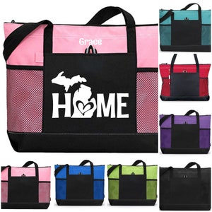 Michigan Home Tote, Love Michigan Tote, Michigan Gift, Michigan Map Tote, Vacation Tote, MI Home Tote, Zippered Tote Bag