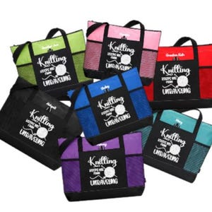 Sac à tricot personnalisé, « Le tricot m'empêche de détricoter », cadeau pour tricoteuse, sac à tricot zippé, sac à pelotes, fournitures de tricot image 2