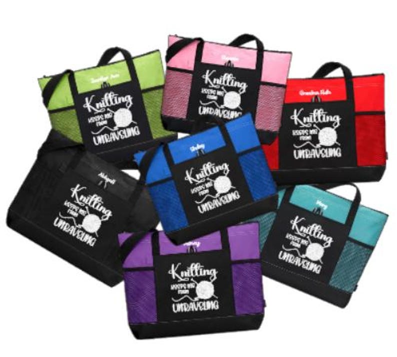 Sac à tricot personnalisé, « Le tricot m'empêche de détricoter », cadeau pour tricoteuse, sac à tricot zippé, sac à pelotes, fournitures de tricot image 2