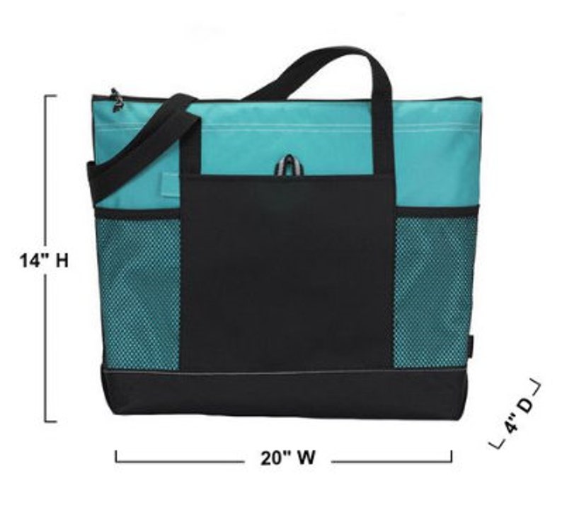 Op de afbeelding: Een teal en zwarte tote bag met een groot ritsvak aan de voorkant. De tas heeft mesh zijvakken en meet 35,5 cm hoog, 50,8 cm breed en 10,2 cm diep.