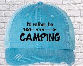 Distressed Cap with "I'd Rather Be Camping" Design, Vintage Trucker Cap for Camping Lover, Camp Hat, Vacation Hat, Gift for Camper